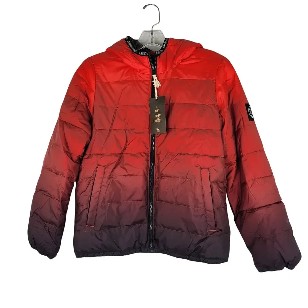 Abercrombie Red Ombre Cozy Puffer Hooded Jacket Boys Size 11/12 Sherpa Lined